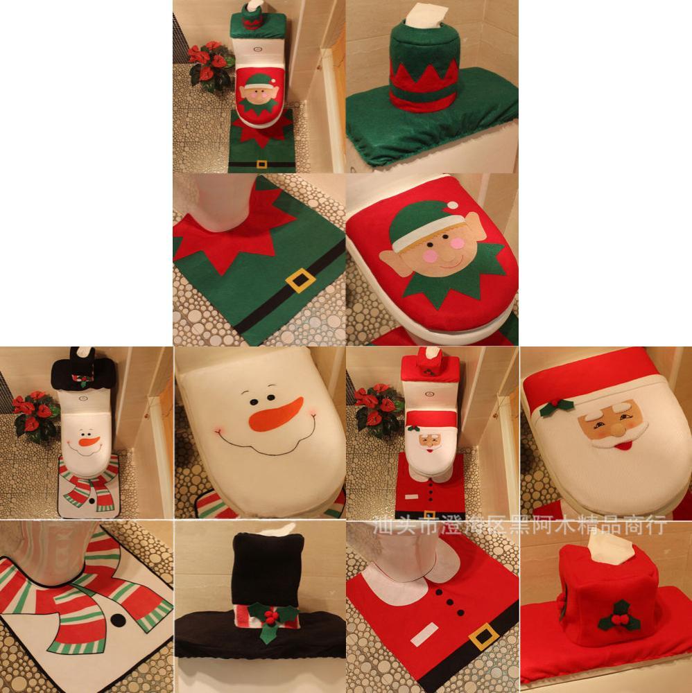 Festive Christmas Santa Toilet Seat Cover Set With Snowman And Reindeer Designs