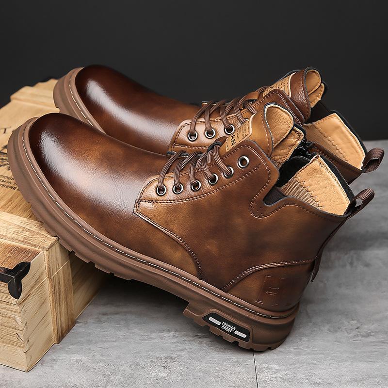 New Leather Men's Shoes, Fashionable Thick Cotton Shoes, Men's Retro Workwear, Martin Boots, British Style High Top Lace Up Leather Boots
