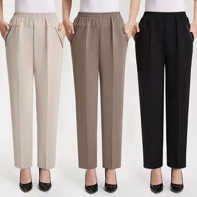 Summer Plus Size Straight Pants Women Elastic Waist Breathable High Waist Long Trousers Black XL-7XL
