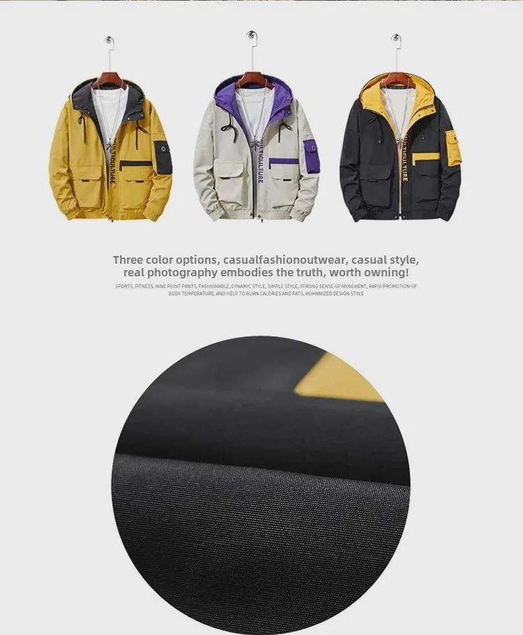 Męska duża kurtka wiatrówka z kapturem i wieloma kieszeniami - lekki płaszcz na wiosnę/jesień