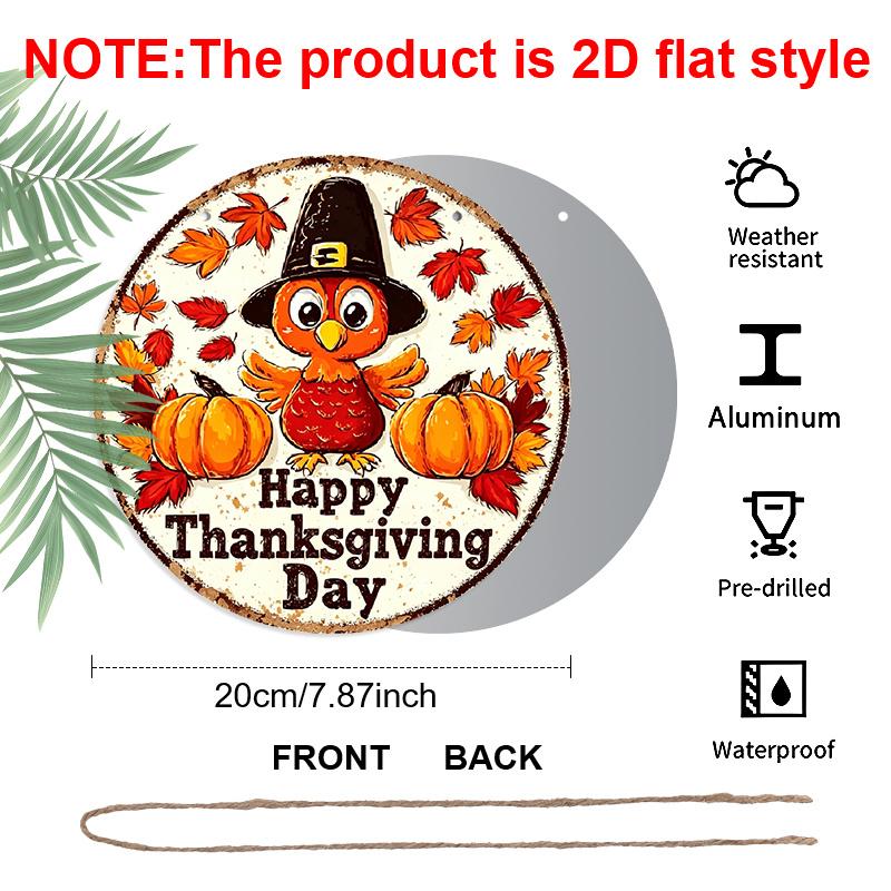 2D Flat, 1pc Vintage Thanksgiving Aluminum Metal Wall Decor - Happy Thanksgiving Day Sign with Red Turkey, Pumpkins & Fall Leaves, Retro Farmhouse