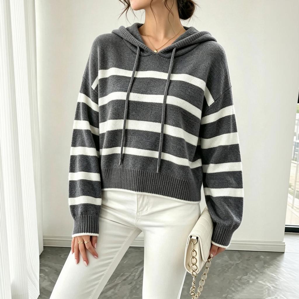 Women's Hooded Striped Pullover Knit Sweater for Fall Winter