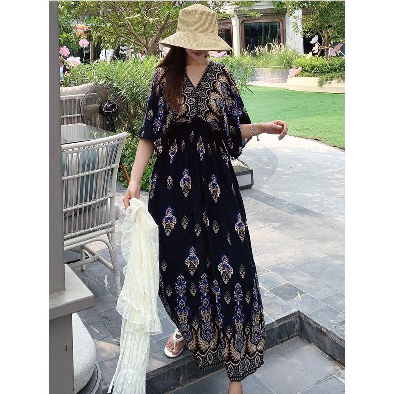 Korean Style Plus size women clothing V-neck Ethnic Style Print Waist Hugging Fashion Loose Batwing Sleeve Dress Long dress XL-5XL