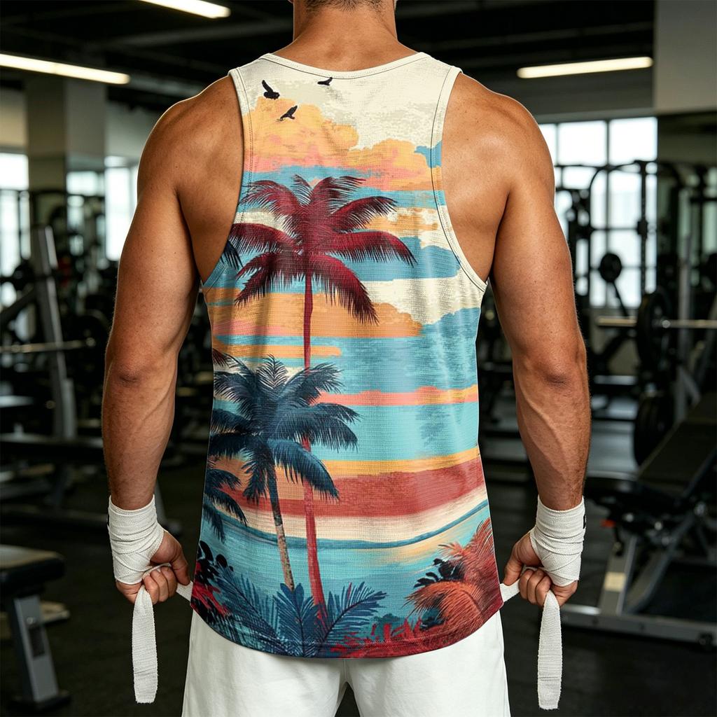 Men's Casual Hawaiian Print Outdoor Sports Tank Top Sleeveless Round Neck Summer Beachwear Lightweight Breathable Fabric