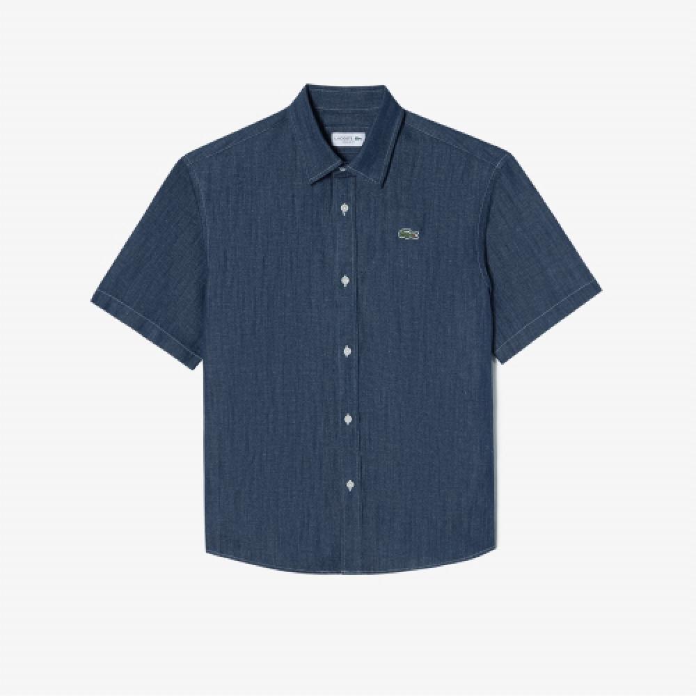 

LACOSTE Мужская рубашка из смесового хлопка с коротким рукавом [Темно-синий]