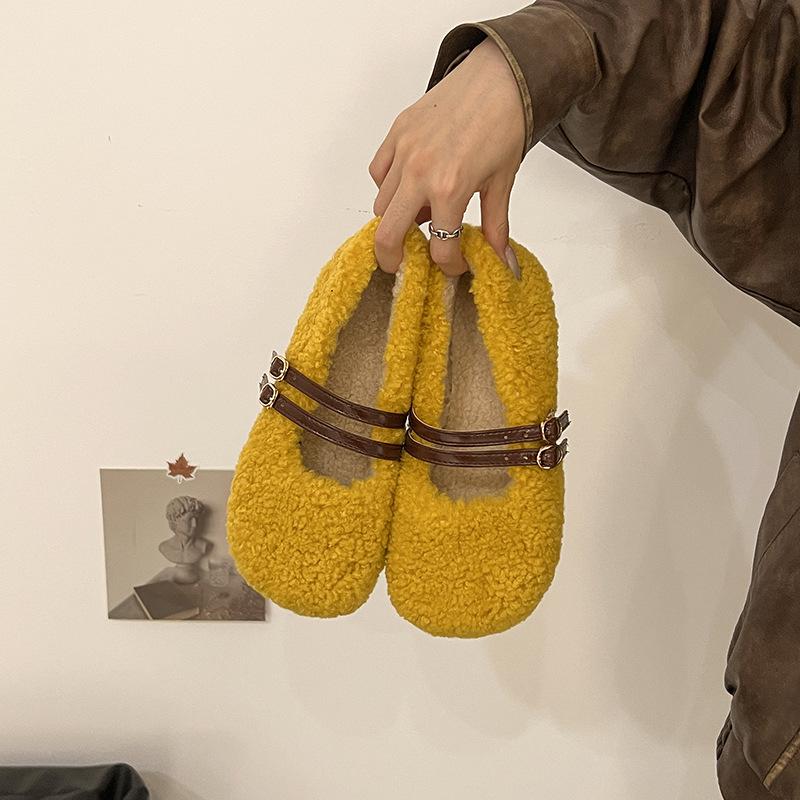 

Autumn Winter Women Fur Flats Shoes Concise Comfort Street Style Soft Sole Female Dress Short Plush Mary Jane Shoes 35 жовтий