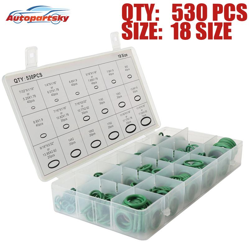 

18 Sizes Rubber O-Ring 530Pcs Car Airconditioning Sealing Set Rubber O-Ring Washer Seals with Plactics Box Kit Green A Set