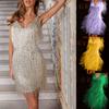 Deep V-Neck Sleeveless Backless Hip Wrap Summer Dress Sexy Women Fringed Sequin Stitching Mini Pencil Dress Club Wear