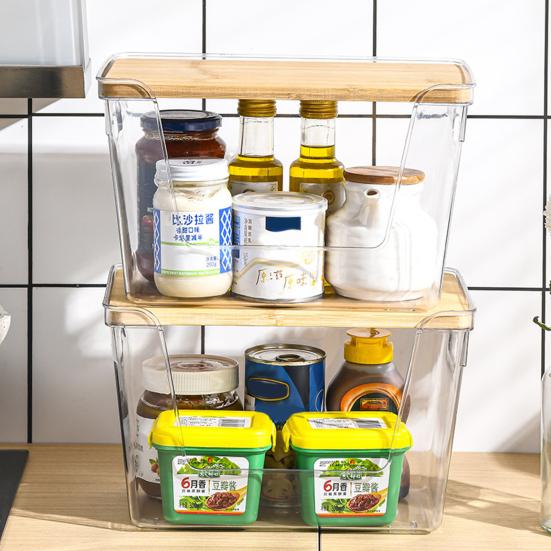 Kitchen Storage Containers with Wood Lid Transparent Plastic Pantry Organizer for Countertop Moisture Proof