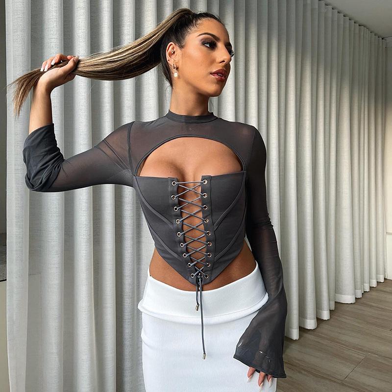 

Women s Autumn Backless Long Sleeve Tie-Up Mesh Top M темно-сірий