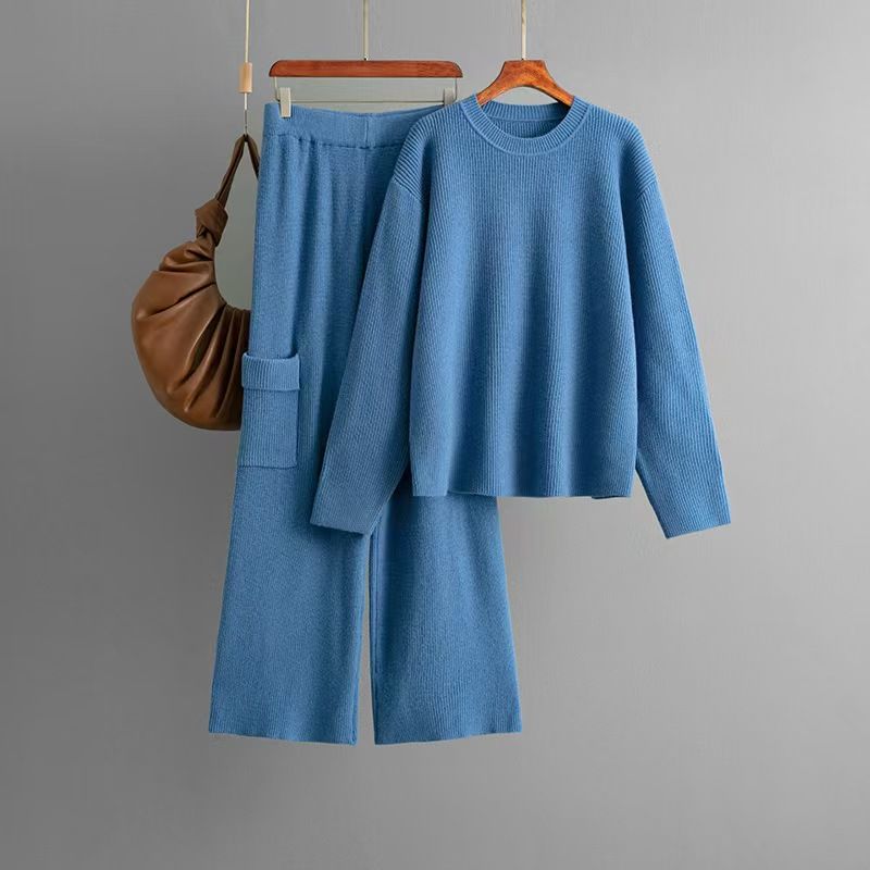 

Fashion Wind Knitted Loose Pure Color round Neck Sweater Loose Pants Two-piece Set Sweater and Pants Set Blue One size