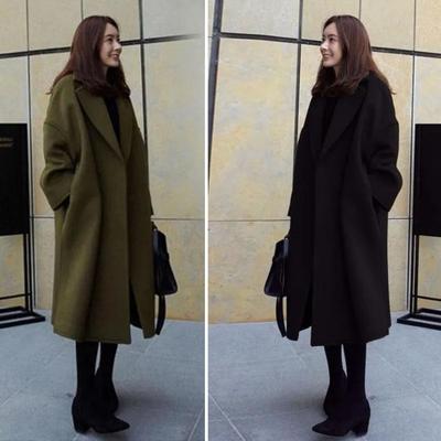Women Woolen Jacket Turn-down Collar Solid Color Coat Mid-calf Length Thermal Long Sleeved
