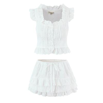 7704 - Ensemble Jupe Brodée à Lacets et Haut Volanté Carré Rétro Français pour Femme