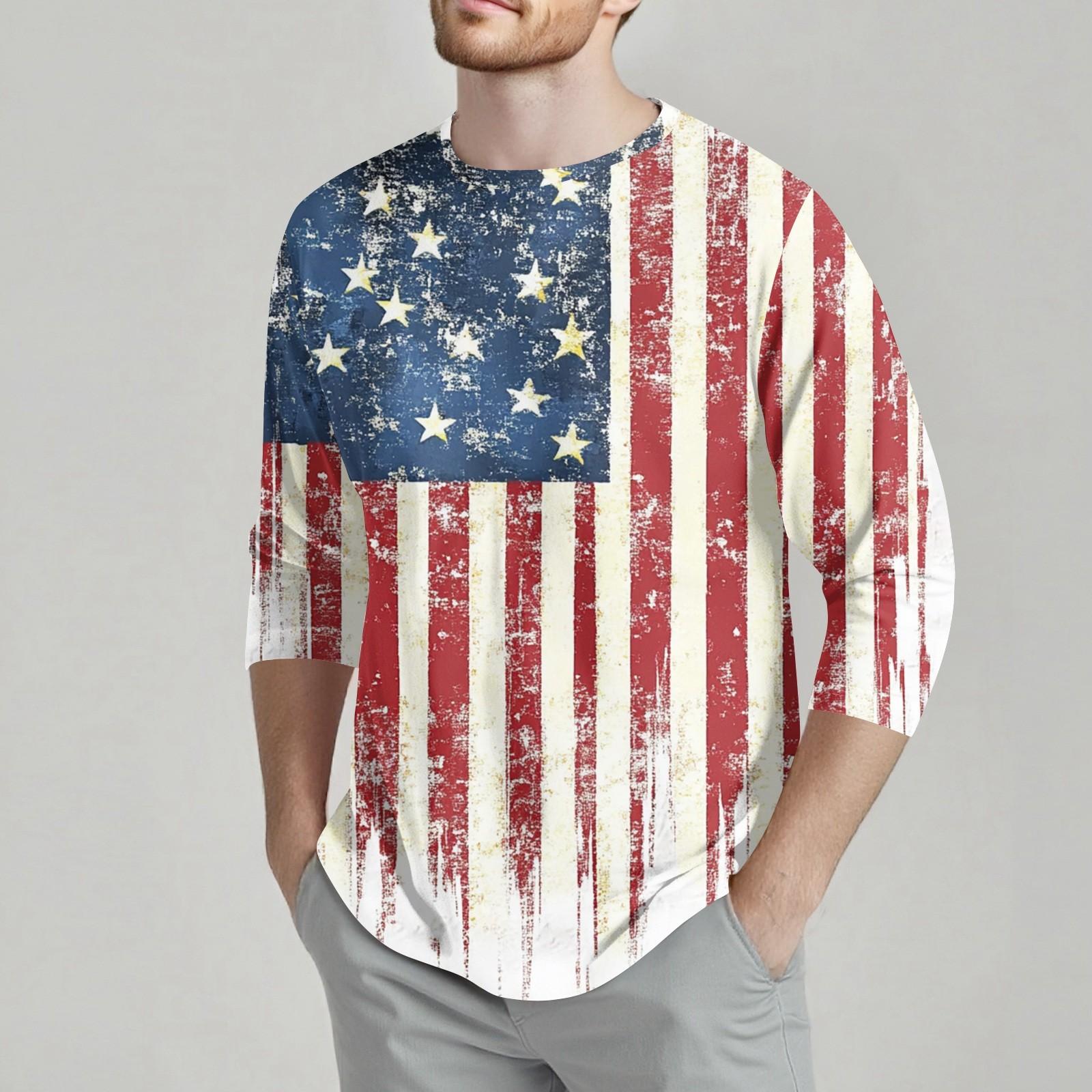 

Мужская Мода Повседневный Принт Дня Независимости Вырез Рукав Семь Восьмых Топ Футболка XXXL синий