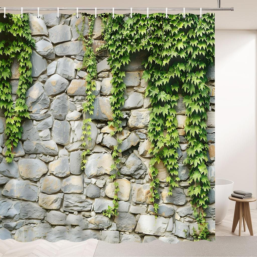 Stone Wall Shower Curtains Spring Green Leaves Vine Plant Rustic Farm House Polyester Fabric Bathroom Decor Bath Curtain Sets