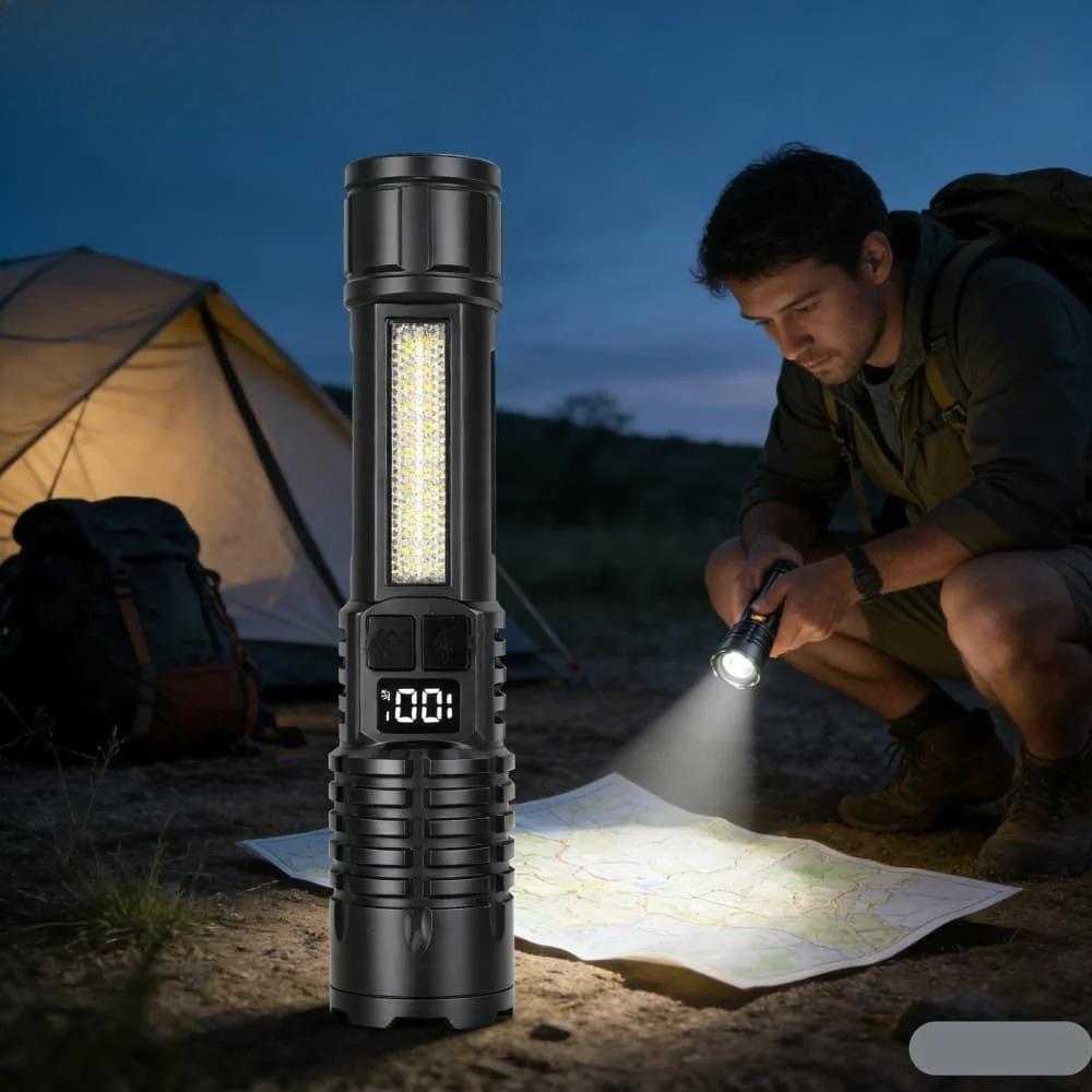 Portable Zoom Torch High Power LED Flashlight Type-C Rechargeable Waterproof Light with COB Side Lamp for Outdoor Camping Hiking