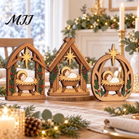 Stable Solid Wood Crafts 3Pcs Wooden Nativity Scene Decor, Christmas Manger Ornaments, Holy Family Vintage Style Xmas Ornaments Baby Jesus Tabletop