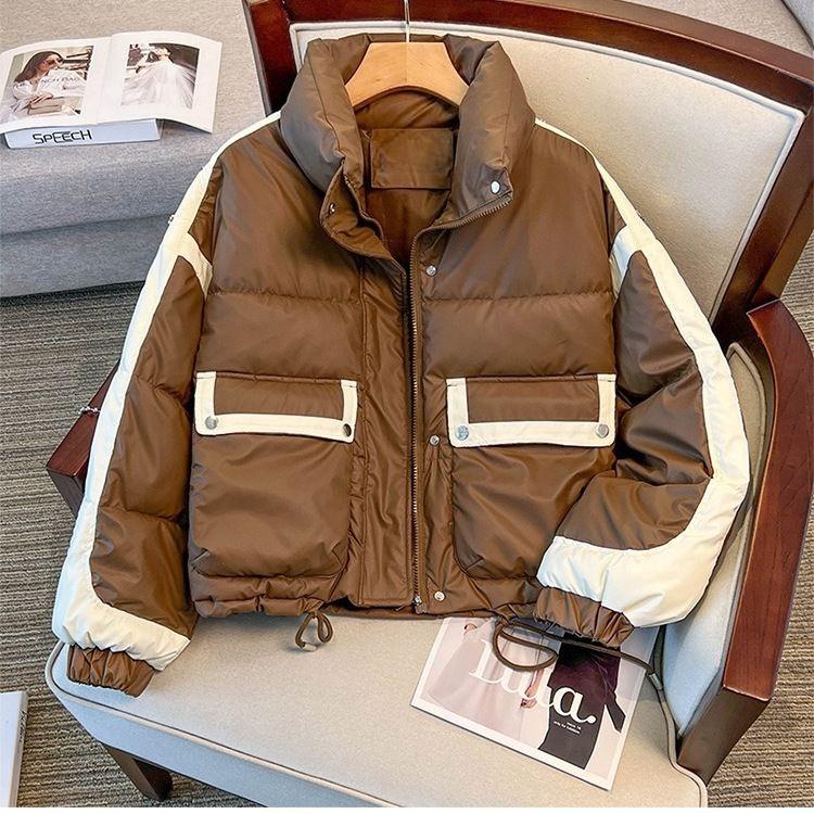 Winter PU Leather Jacket Stand Collar Short Loose Fit Sporty Padded Coat for Women