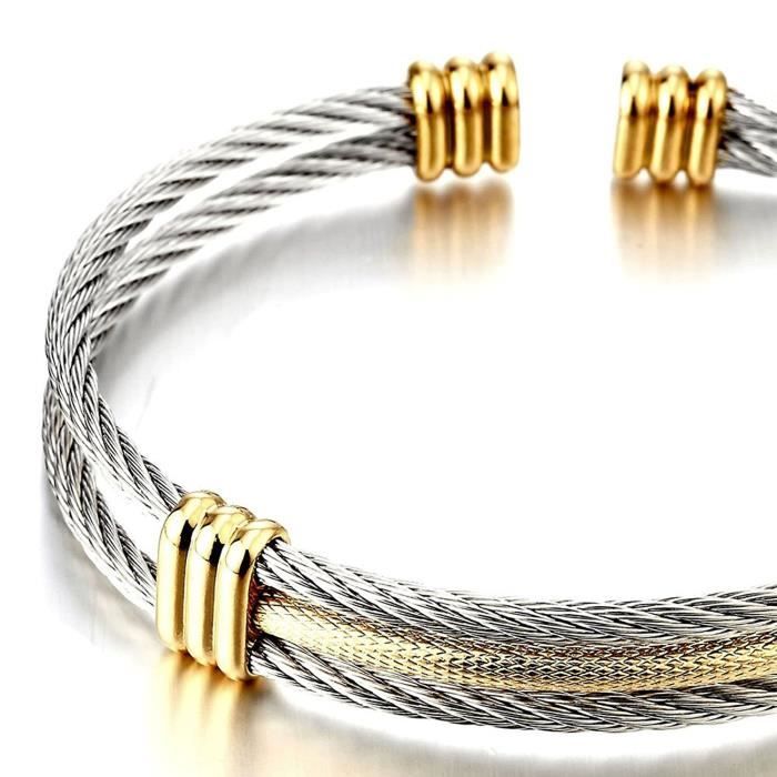 Bracelet - Stainless Steel Men Women Adjustable Cuff Bracelet Twisted Cable- Silver Gold Two-Tone
