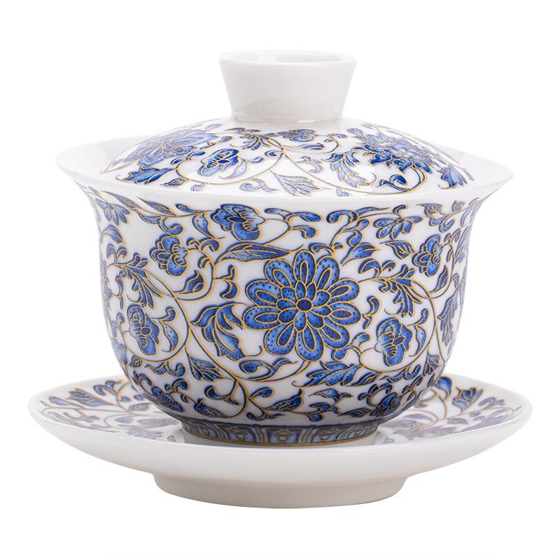 Light Luxury Suet Jade Blue and White Sancai Cover Bowl, Single High-end Hoverable Tea Bowl with Lid To Make Tea, Ceramic Kung Fu Tea Set