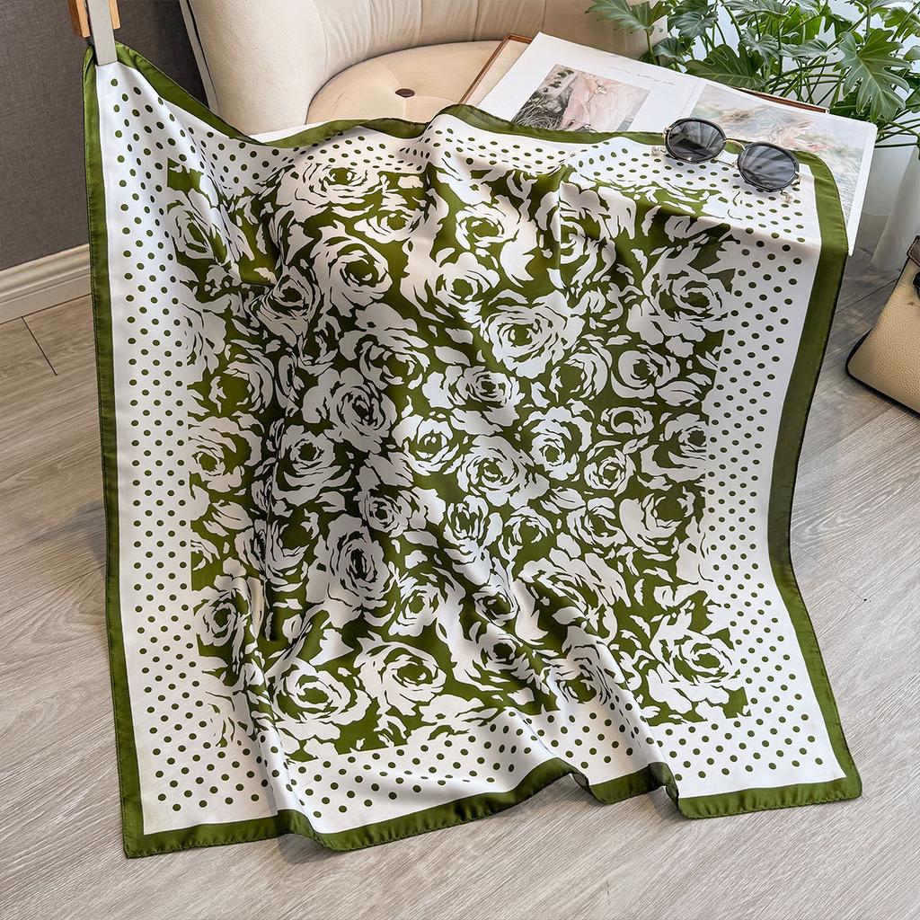 Polka Dot Camellia 90 Imitation Silk Large Square Scarf Shawl Commuting Versatile Printed Scarf Headscarf Silk Scarf Women