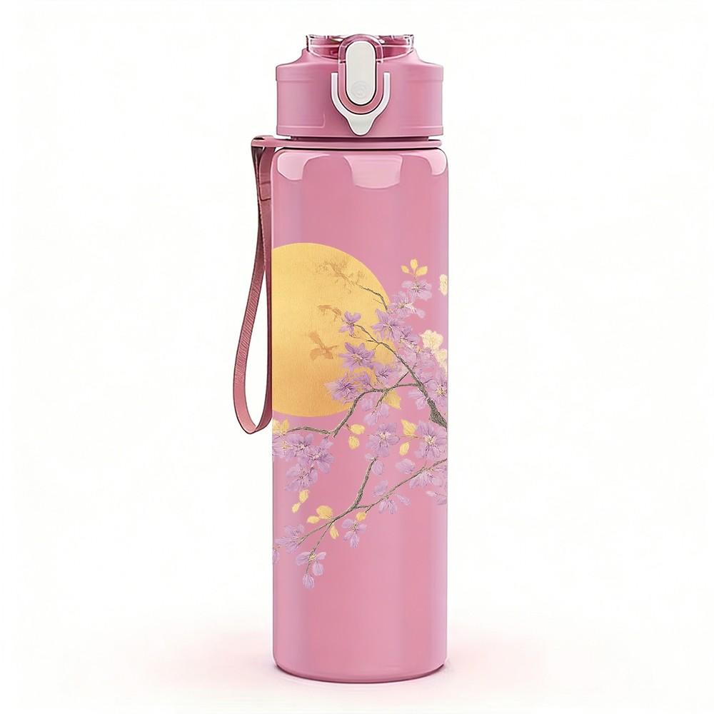 1PC Moon Cherry Blossom Branch Scene 750ml Color Plastic Sports Water Bottle Leakproof Flip Straw Lid For Sports Office Home Use