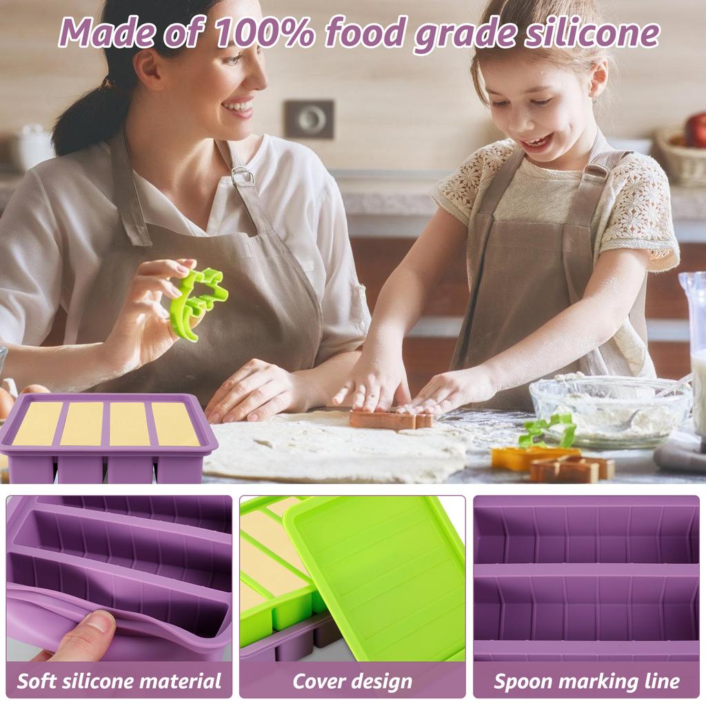 2Pcs Silicone Butter Mold with Lid 4-Cavity Butter Tray Non-Stick Butter Containers Holds 8 Tablespoons for Energy Bars Brownies