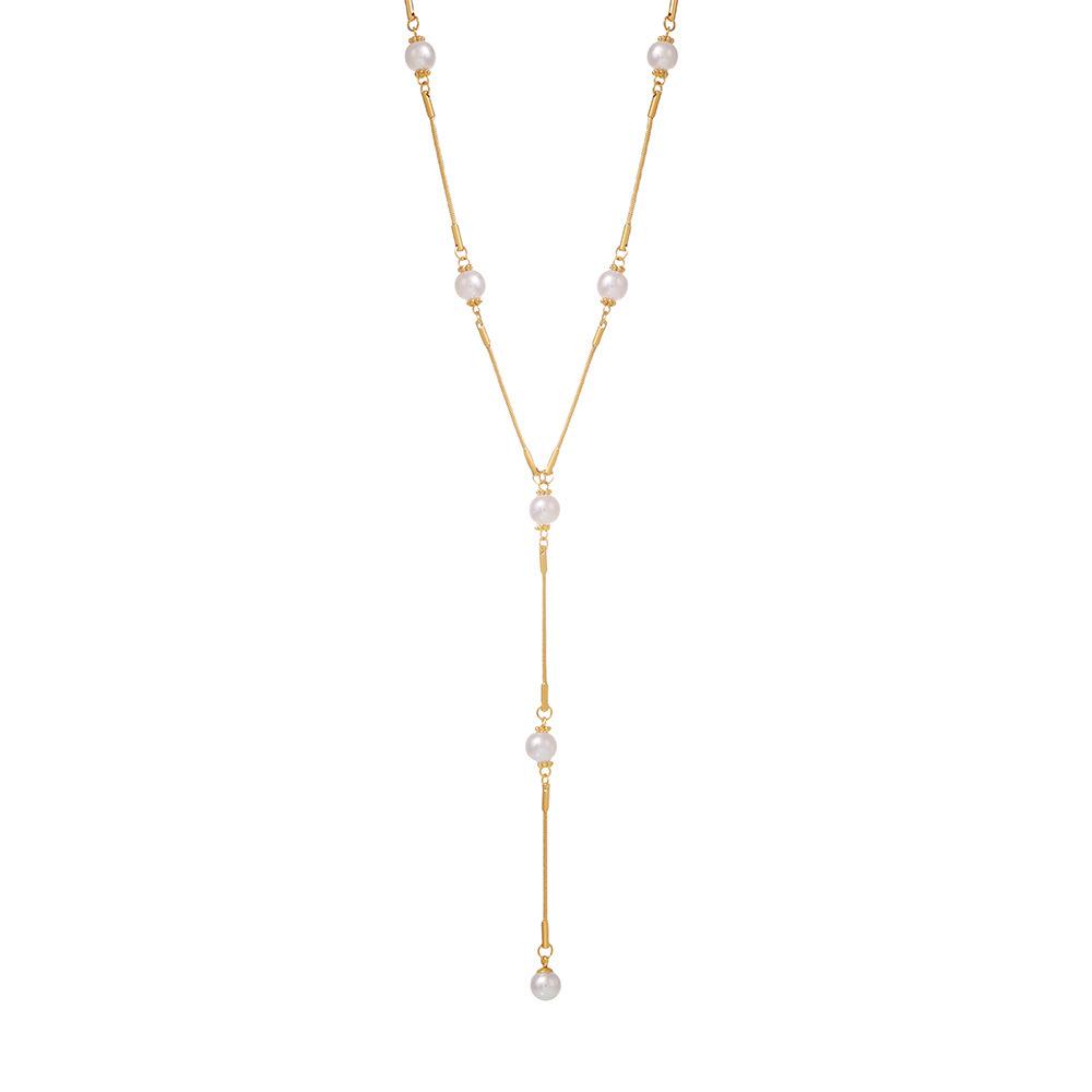 Hainon Stainless Steel Necklace Sweater Chain Y-shaped Pearl Tassel Pendant Necklace 22.3inches