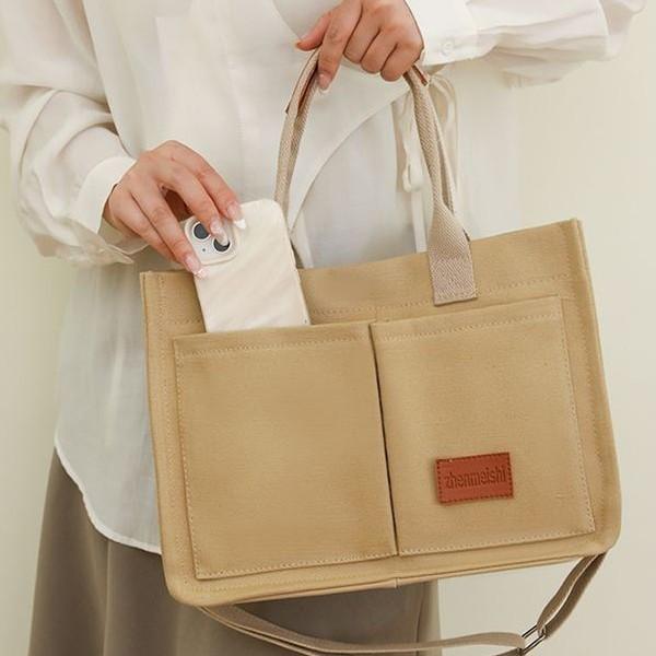 Canvas bag women's large-capacity multi-pocket shoulder bag lady hand-held tote bag