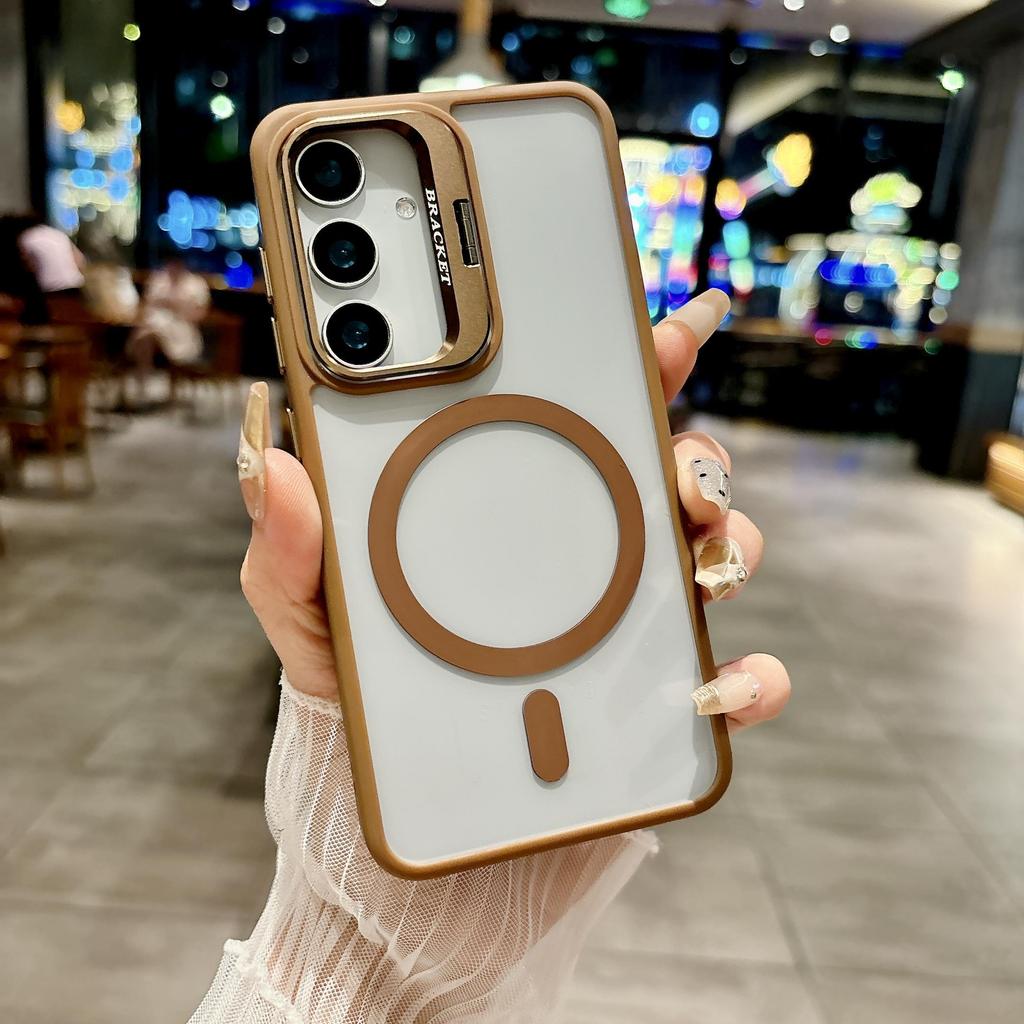 Solid Color Transparent Camera Len Stand Magnetic Charge Bumper Phone Case For Samsung Galaxy S25 Ultra S24 FE S23 Plus Soft Silicone Protection Cover