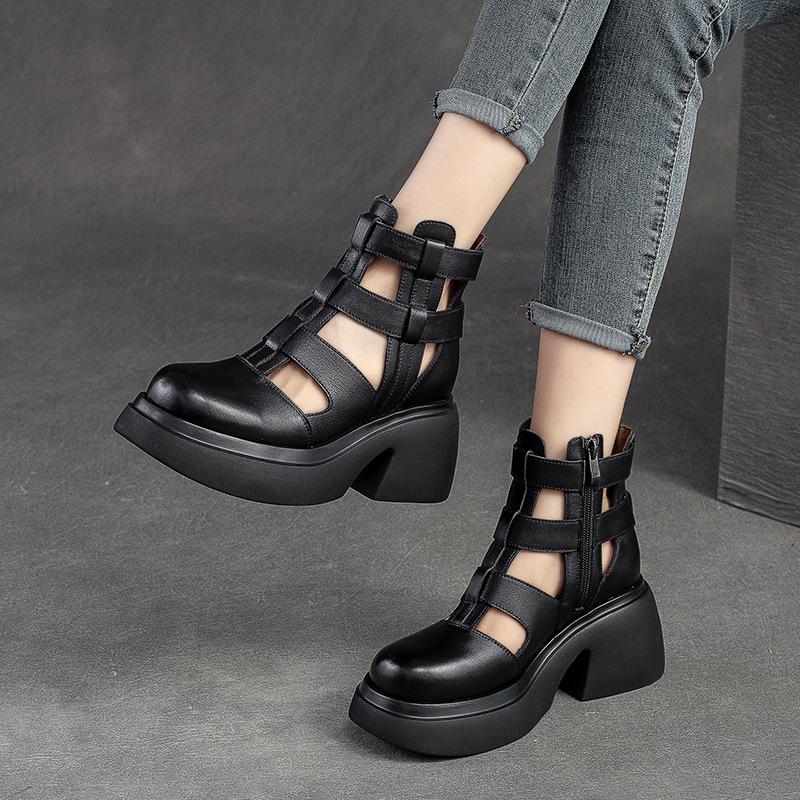Fashion GKTINOO Women Sandals Wedges Heels Genuine Leather Round Toe Summer Fashion Female Gladiator Sandals Platform Shoes Woman