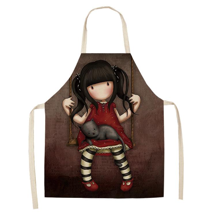 Cartoon Kitchen Apron Cute Girl Print Linen Ladies Kitchen Home Roasted Life Bib Apron Household Cleaning Tools Delantal