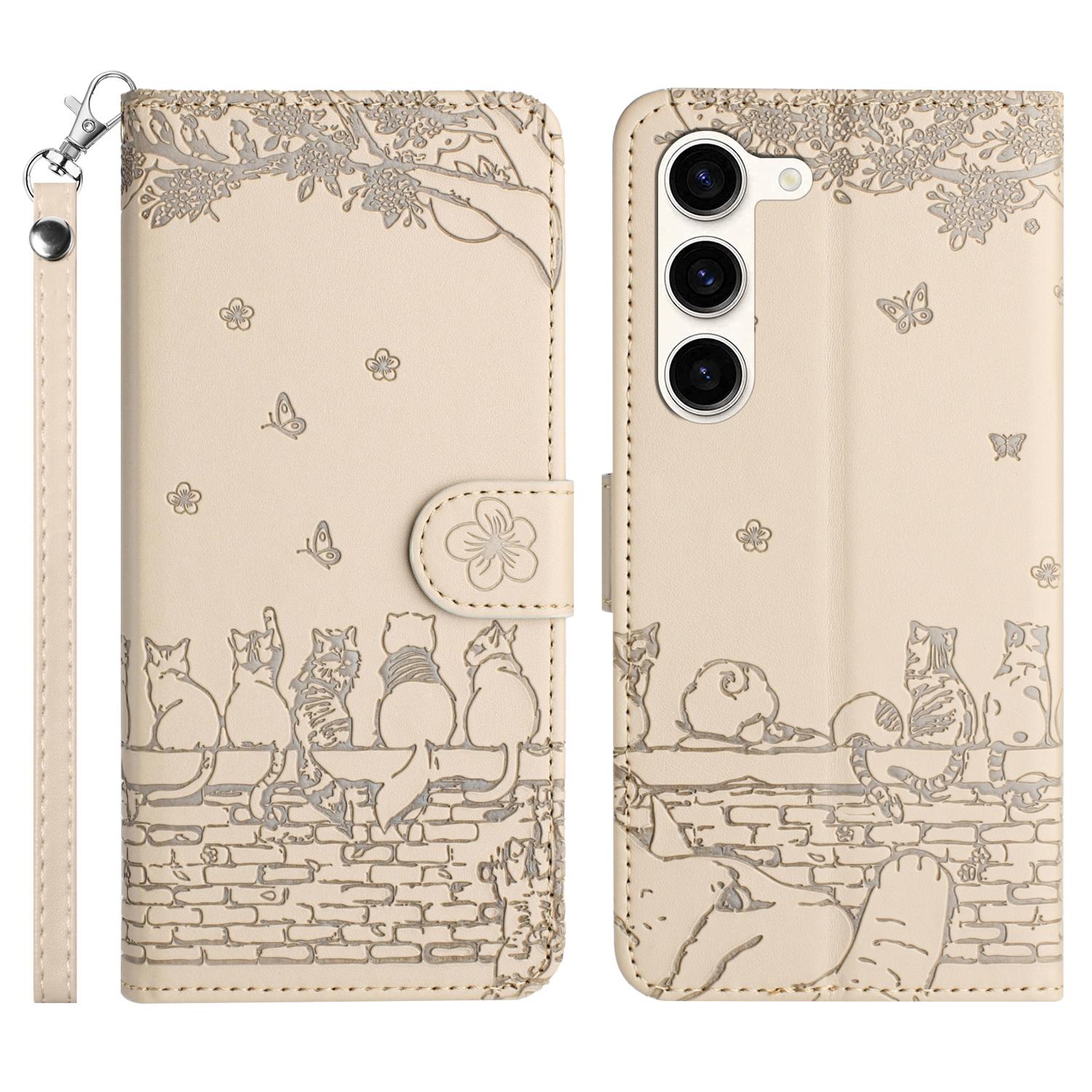

Phone Leather Cover for Samsung Galaxy S23,Stand Wallet Imprinted Wall Cats Case with Strap Apricot
