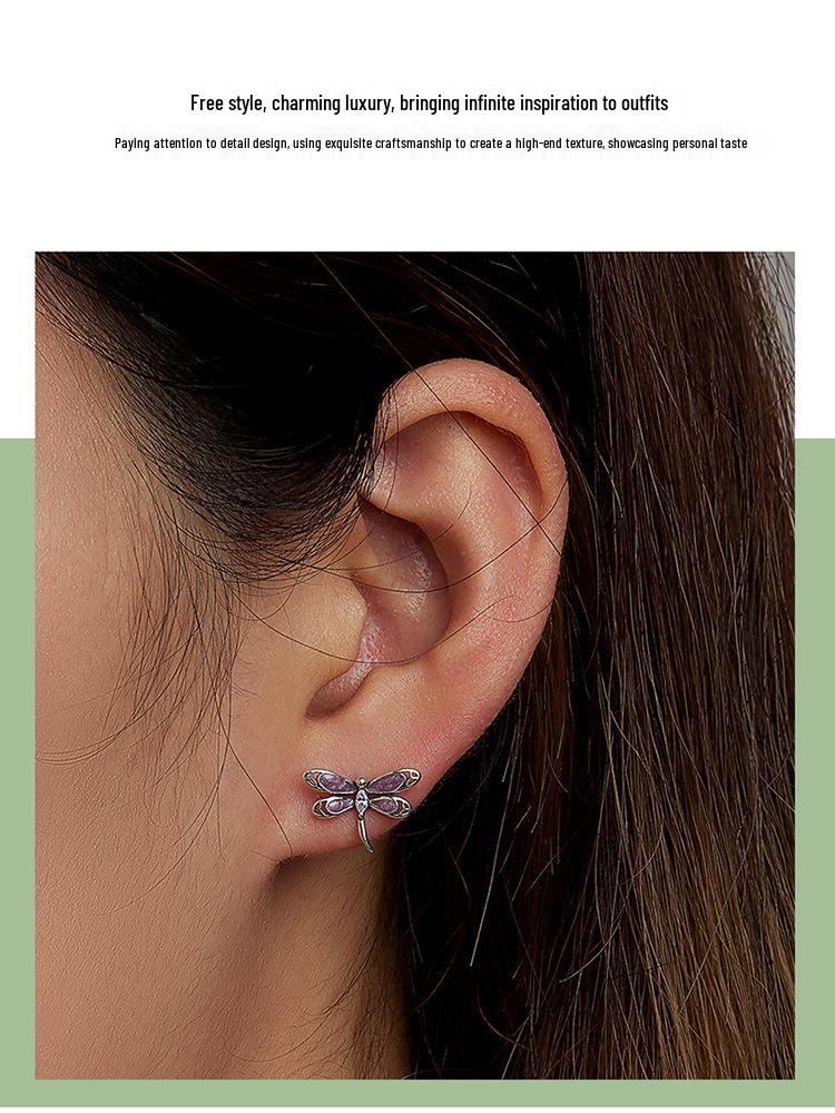 Avle S925 Sterling Silver Dragonfly Earrings with Pink Zircon and Exquisite Hollow Design, SCE1414