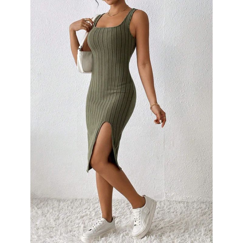 2025 Summer European and American Solid Sling Slim Fit Sunken Stripe Slit Dress Simple Slip Dress
