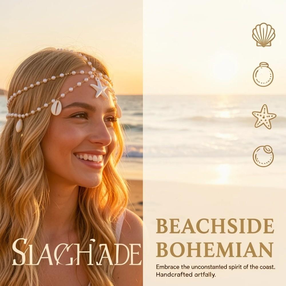 Starfish Bohemian Hair Chain Pearl Beaded Head Piece Shell Head Chain Boho Head Chain Casual Wear