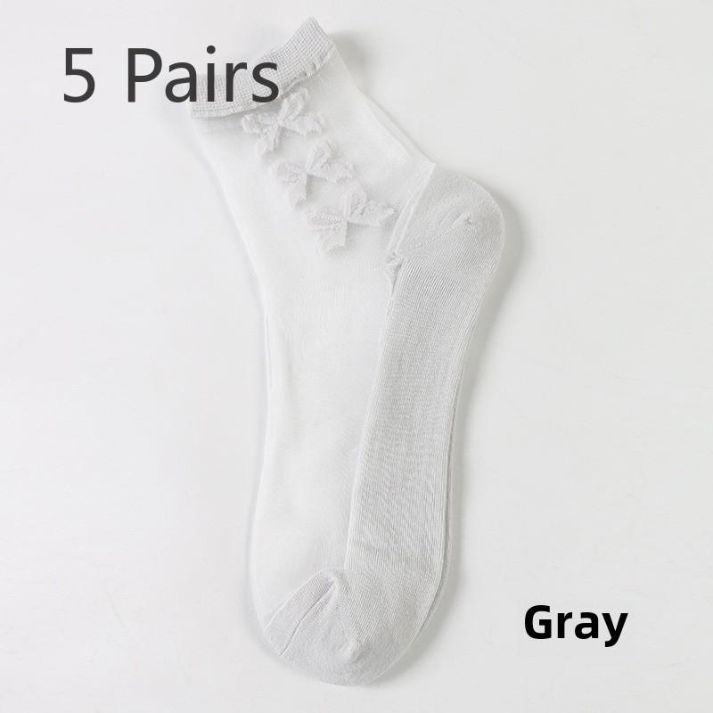 5 Pairs Fashion Transparent Socks Bow Floral Transparent Silk Socks Crystal Silk Socks for Women