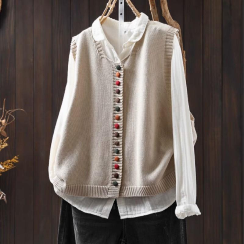 

Johnature Женские Винтажные Пуловеры Однотонные С О-образным Вырезом Без Рукавов Вязаные Осенние Свободные Повседневные Свитеры One Size бежевый