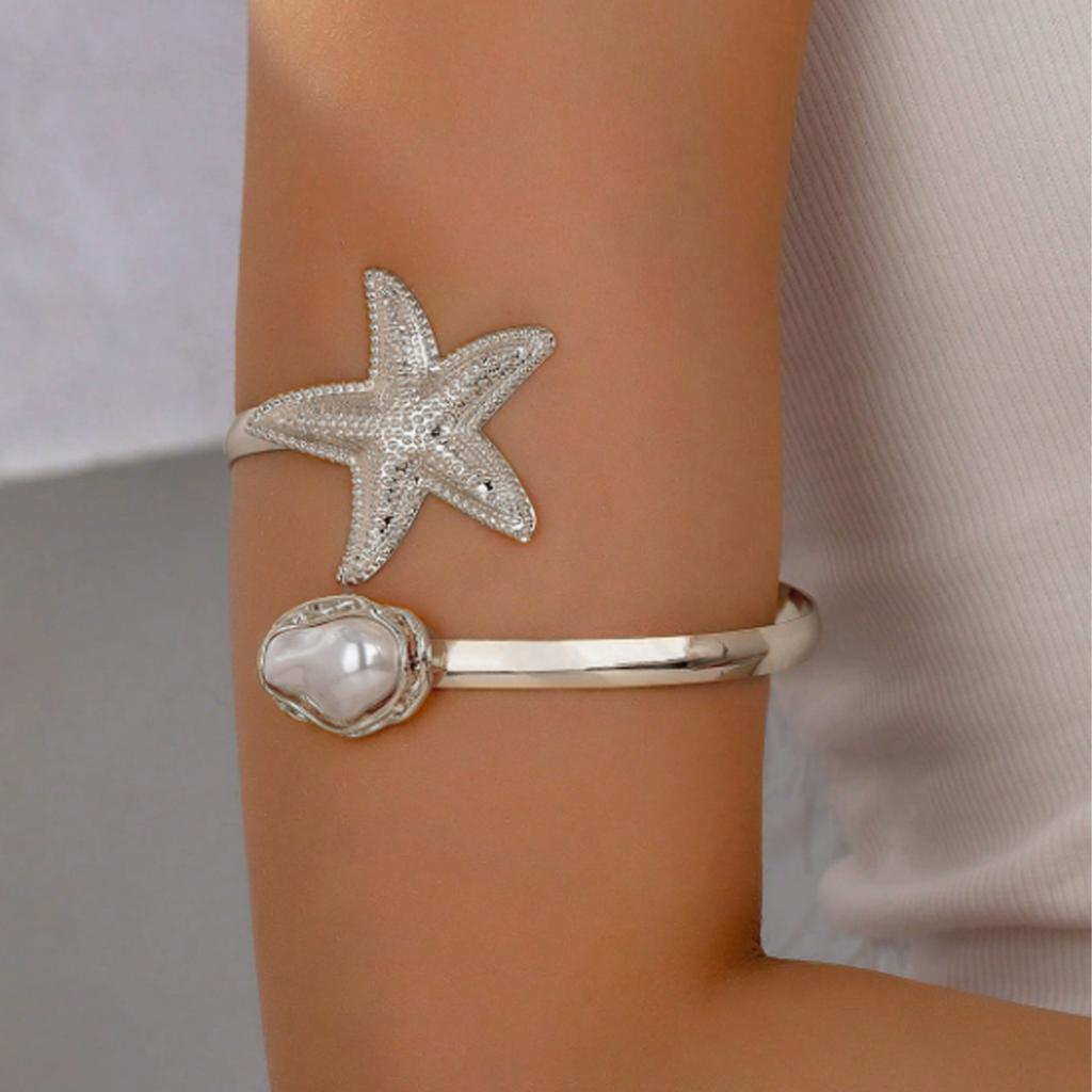 Ocean Resort Flower Starfish Faux Pearl Arm Cuff, Adjustable Upper Arm Bracelet