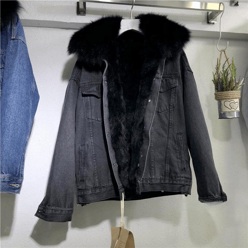 

Джинсовая куртка из флиса для женщин, зимняя, новая, корейский стиль, свободный меховой воротник, съемный, утолщенный, короткий мех для женщин S чёрный