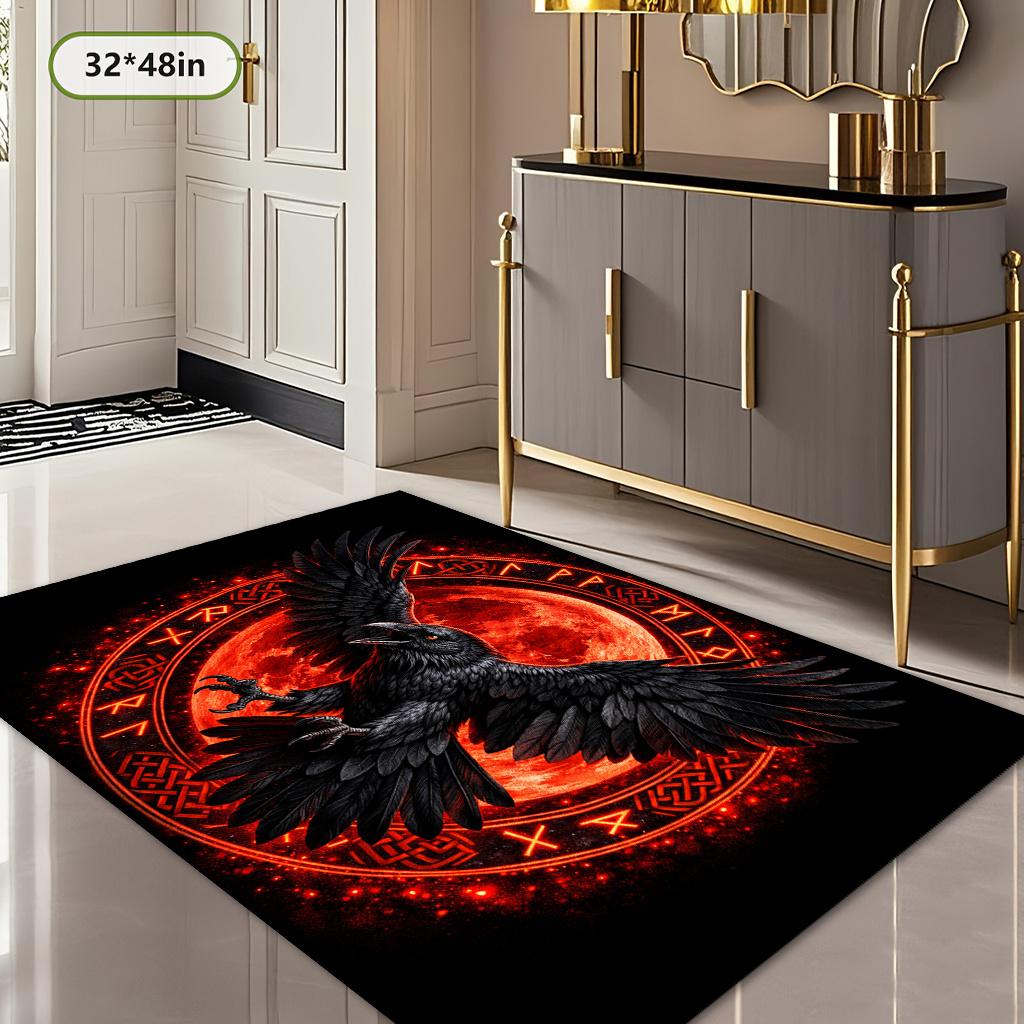 1‑Piece Retro Ethnic Style Red‑Black Crow Totem Print Area Rug, Easy‑Clean Durable Floor Mat for Living Room, Bedroom