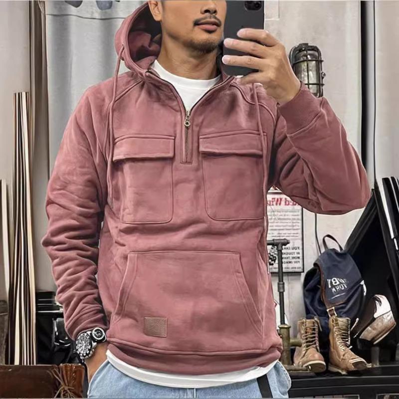 Men’s Solid Color Hooded Sweatshirt with Multi Pockets