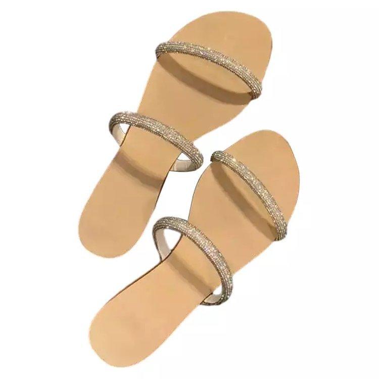 Fashion Sandals 2025 Summer New Style Fairy Style One Word with Water Diamond Flat Bottom Set Toe Cool Slippers for Outer Wear