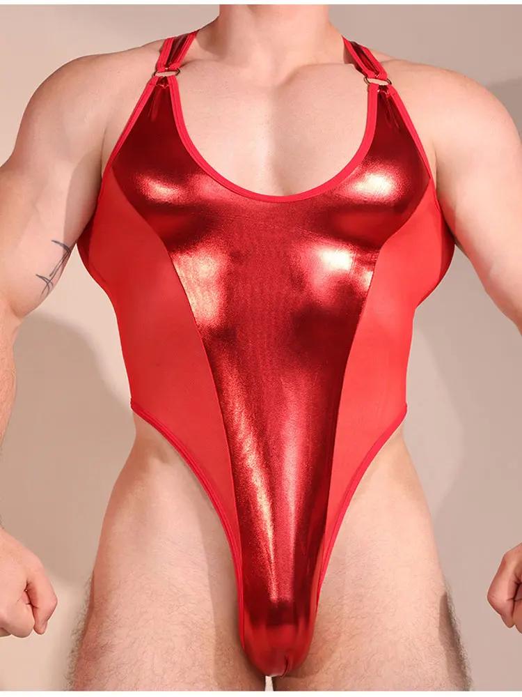 Sexy Men Shiny High Cut Bodysuit Pu Mesh Patchwork One Pieces Thongs Sleeveless Tank Tops Fashion Vest Tights Shaping Maid Wear