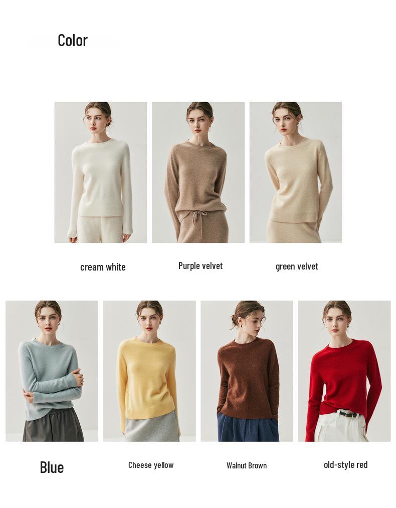 Dámský kašmírový svetr s kulatým výstřihem - Kolekce podzim/zima 2025, Jednobarevná hřejivá pletená základní vrstva