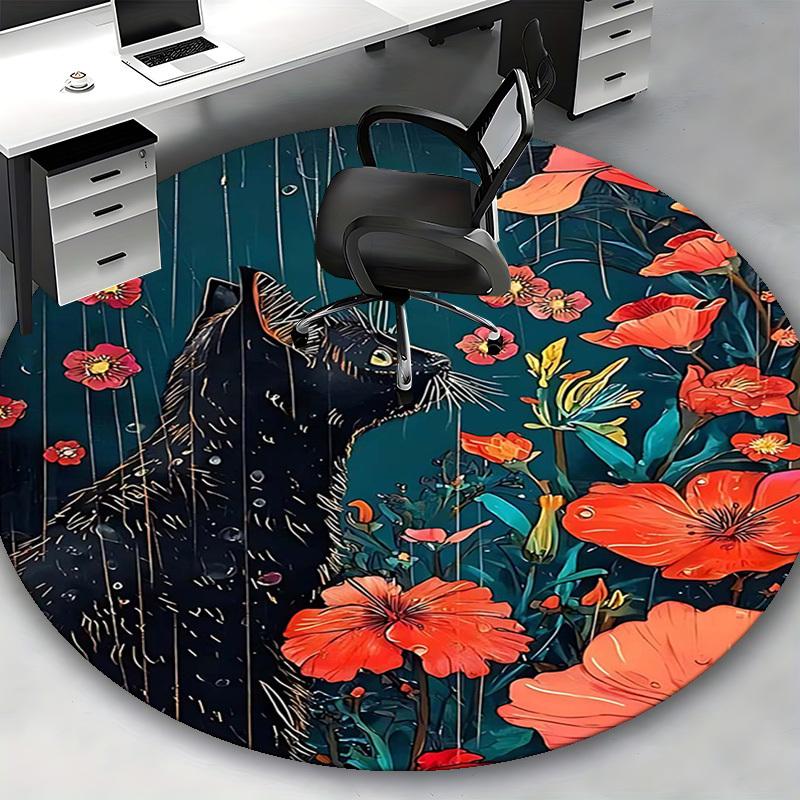 1pc Anime Design Round Carpet Black Cat with Red Flowers Office Chair Mat, Non Slip Rug for Home Decor, All Seasons