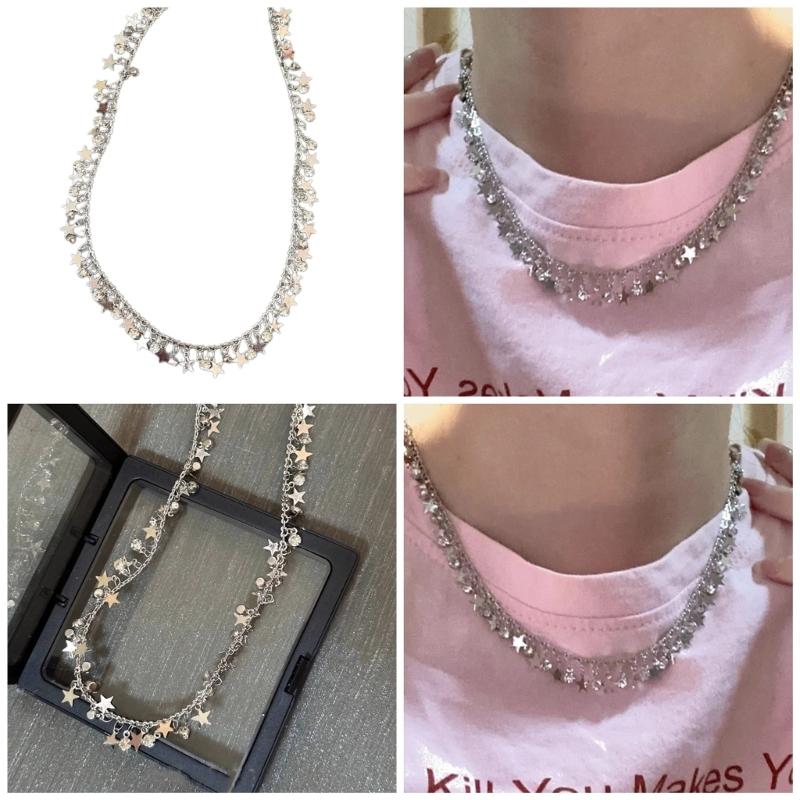 Fashionable Alloy Necklace Pentastar Charm Clavicle Chains Versatile Star Bead Choker Accessory Jewelry for Women
