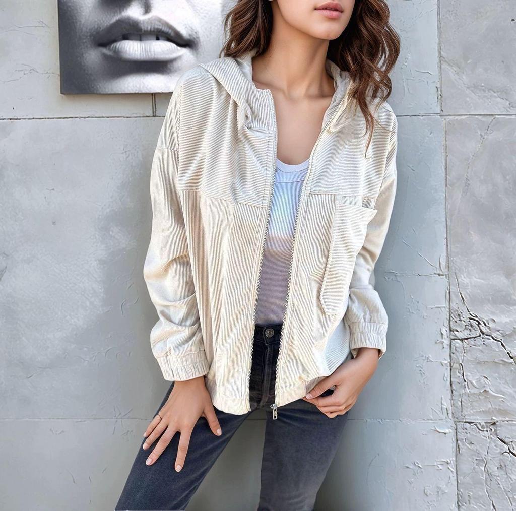 Women's Corduroy Hooded Jacket - Minimalist European & American Style for Spring & Autumn