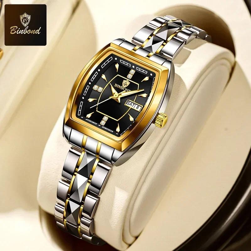 New BINBOND Luxury Quartz Womens Watch Ellipse Diamond Dial Stainless Steel Band Waterproof Luminous Top Brand Women Wristwatch