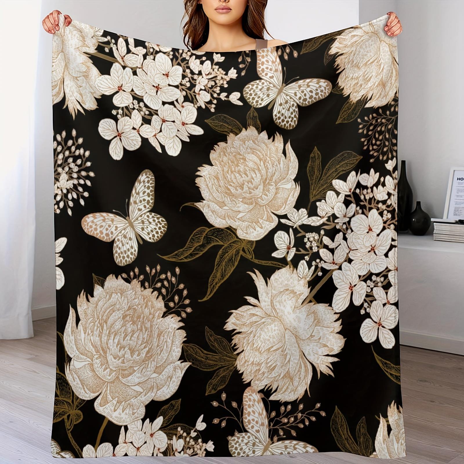 

1pc White floral and butterfly pattern blanket polyester fabric machine washable suitable for sofas benches and beds 75x100cm